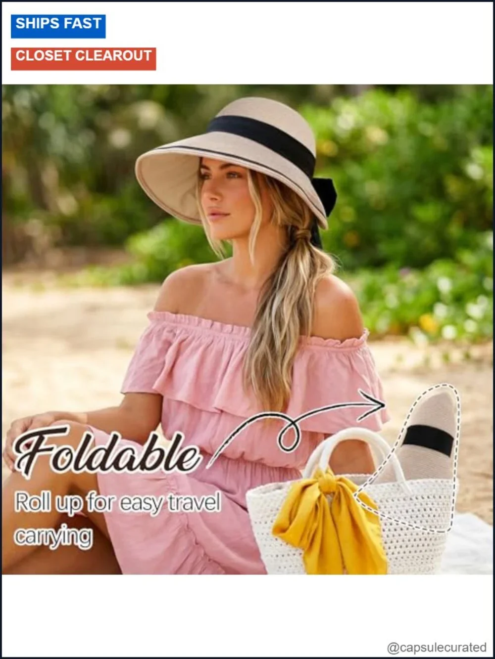 Straw Sun Hat with Bowknot, Wide Brim, Roll Up, UV Protection
